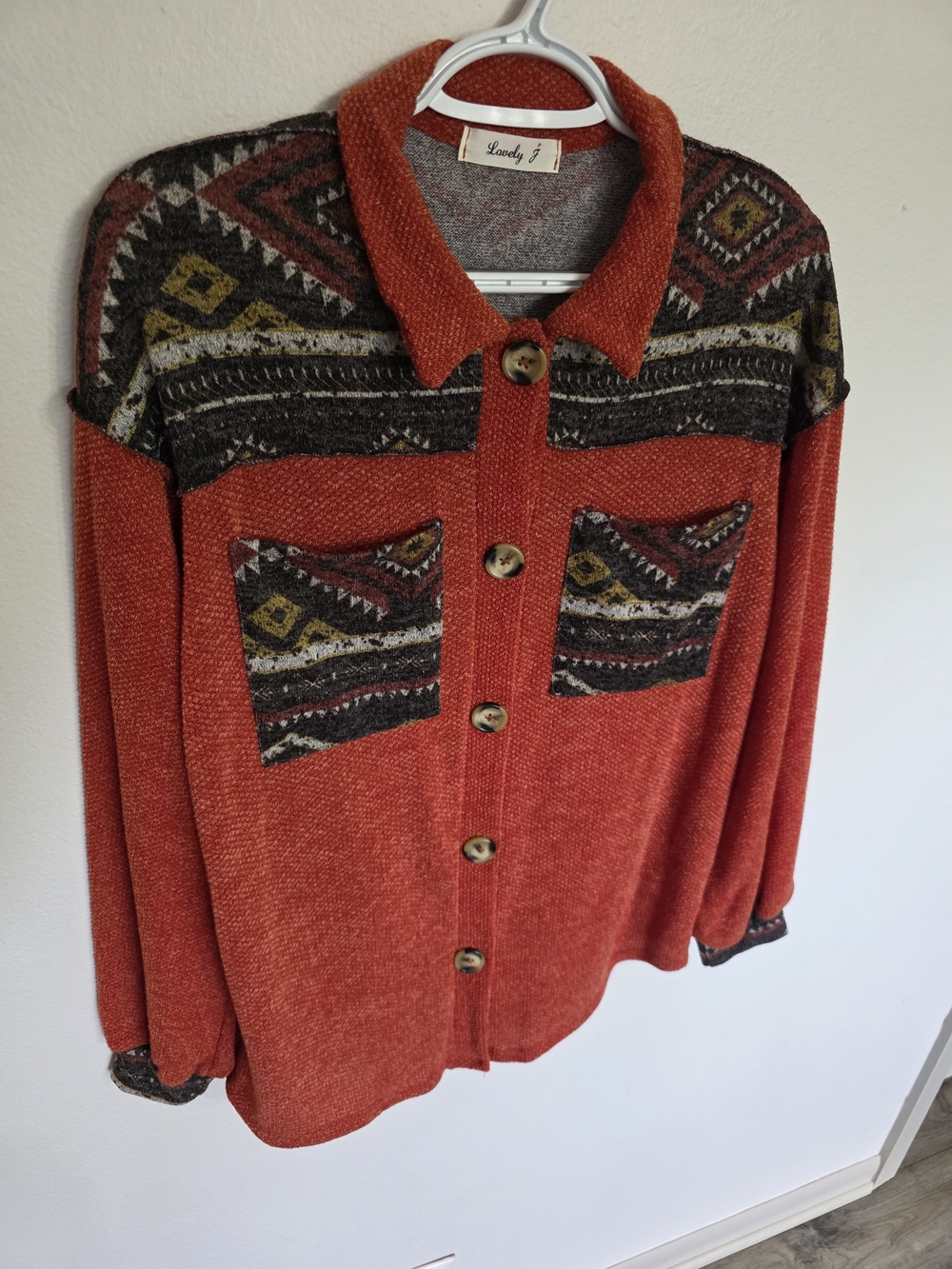 Lovely J Women’s Rust Button-Down Shirt with Aztec Accents